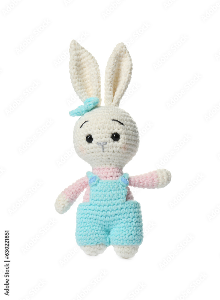 One crochet rabbit isolated on white. Children's toy One crochet rabbit isolated on white. Children's toy
