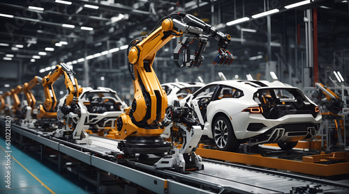 Tableau sur toile 自動車製造工場で車を溶接するロボットアーム｜Robot arms welding cars in a car factory