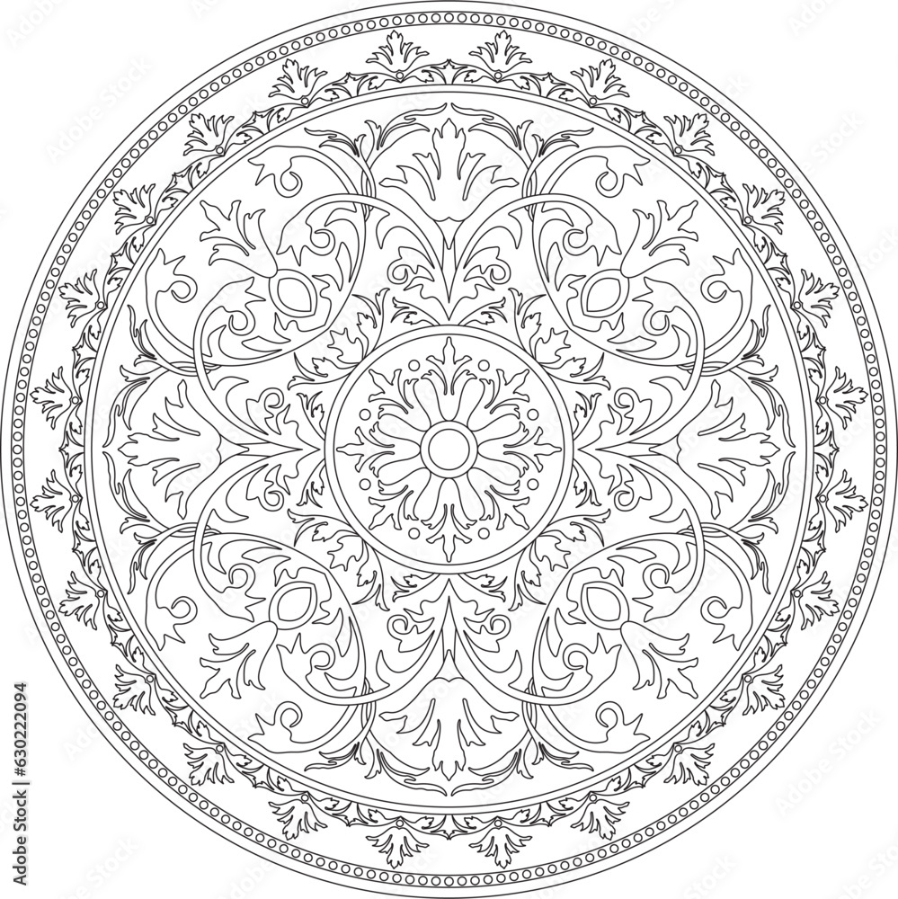 Fototapeta premium Vector round monochrome floral european national pattern. Ethnic circle ornament of Ancient Greece, 