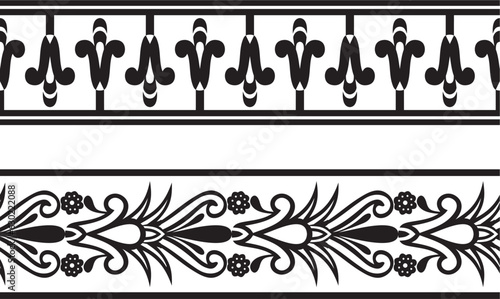 Vector set of two monochrome seamless Egyptian border. Endless Ornaments of Ancient Egypt. Geometric African frame. Suitable for sandblasting, laser and plotter cutting..