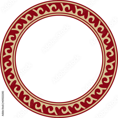 Vector red and gold round Kazakh national ornament. Ethnic pattern of the peoples of the Great Steppe, .Mongols, Kyrgyz, Kalmyks, Buryats. circle, frame border.