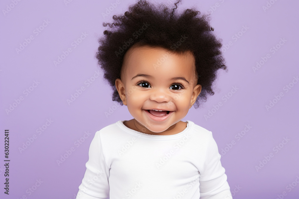 cute black baby girl wearing white blank shirt or bodysuit on a pastel purple background, studio shot, design mockup cute black baby girl wearing white blank shirt or bodysuit on a pastel purple background, studio shot, design mockup