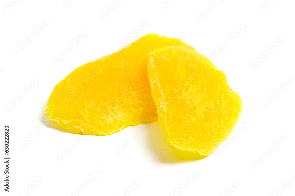 Dried mango slices isolated on white background. Two dehydrated mango slices. Candied mango fruits Dried mango slices isolated on white background. Two dehydrated mango slices. Candied mango fruits