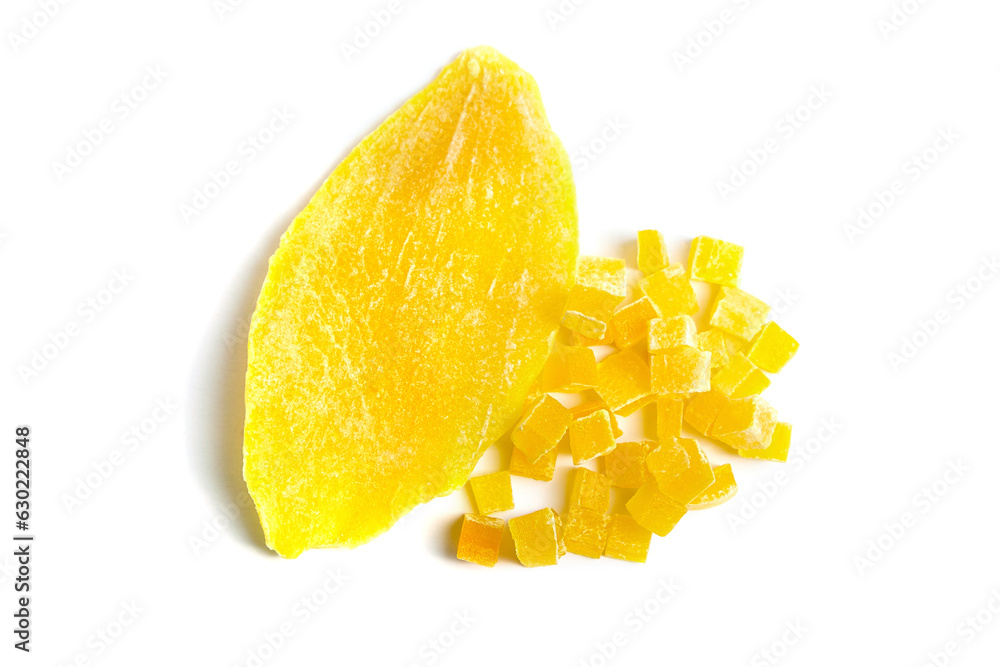 Dried mango slice and cubes isolated on white background. Candied diced mango fruits Dried mango slice and cubes isolated on white background. Candied diced mango fruits