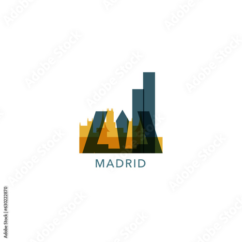 Spain Madrid cityscape skyline capital city panorama vector flat modern logo icon. Spanish region emblem idea with landmarks and building silhouettes