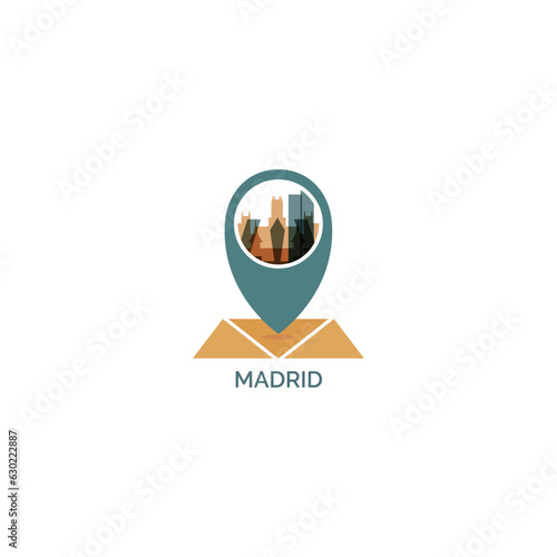 Spain, Madrid map pin point, geolocation, skyline shape vector logo, icon, isolated illustration. Web emblem contour with landmarks and buildings