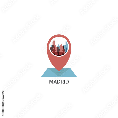 Spain, Madrid map pin point, geolocation, skyline shape vector logo, icon, isolated illustration. Web emblem contour with landmarks and buildings