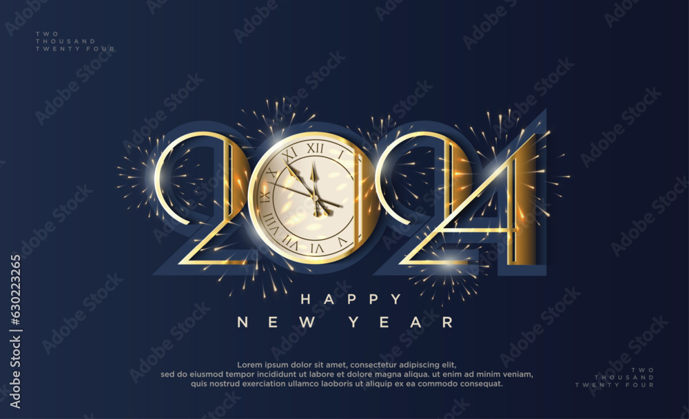 Luxury design happy new year 2024 with golden number on blue background.