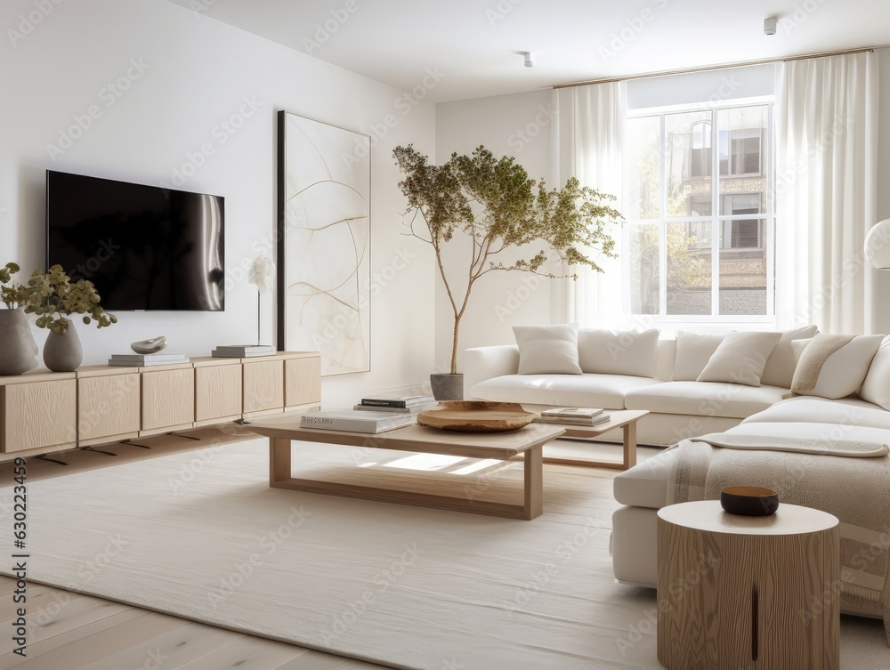 Fototapeta premium White modern living room with television and decoration. Generative AI