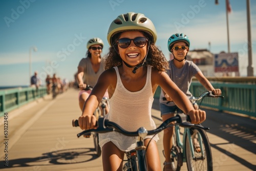 Family Riding Bicycles Along The Beach, Generative AI © Box Milk