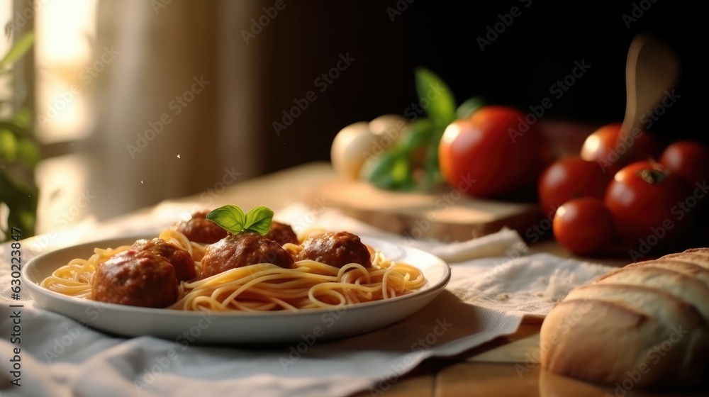 Close up view of classic tomato spaghetti with meatball, Italian dish. Generative AI.