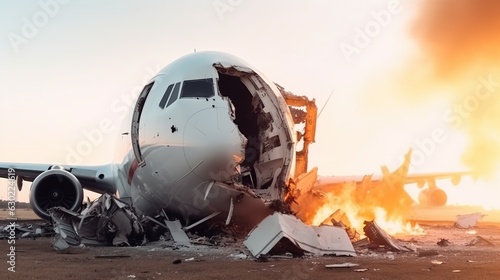 Illustration of airplane crash accident with destroyed burning plane. Outdoor background. photo