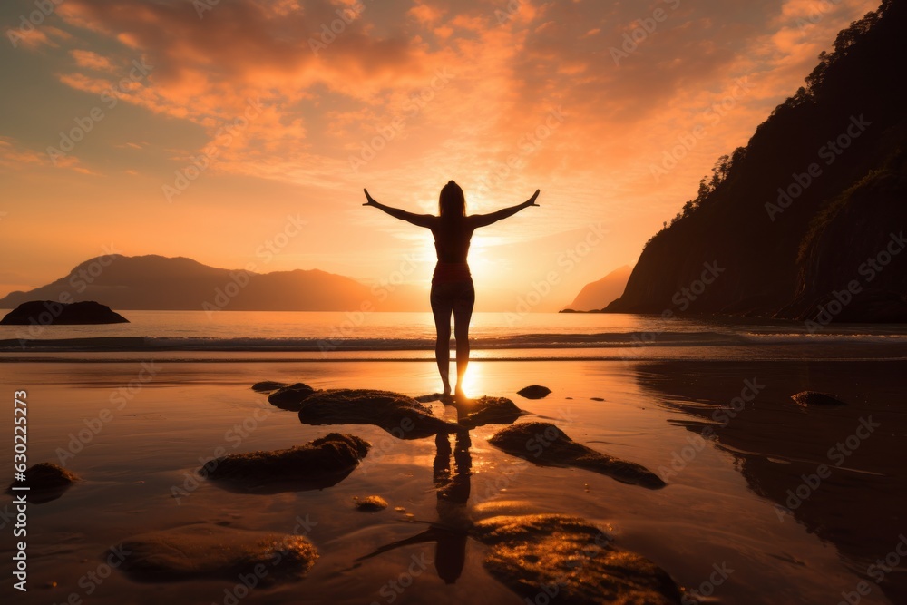 Woman Doing Yoga On A Peaceful Beach, Generative AI