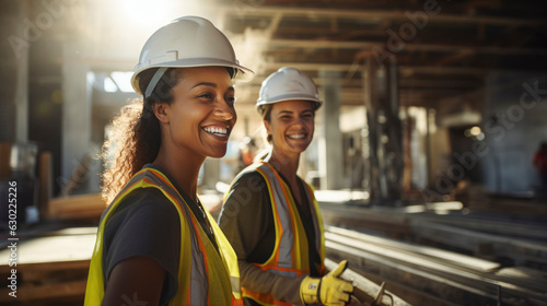 Portrait of two professional young female industry engineers or workers wearing a safety uniform and a hard hat.