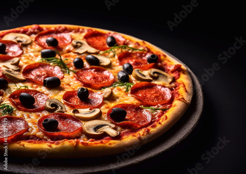 Pizza pepperoni with olives and mushrooms on black.Macro.AI Generative