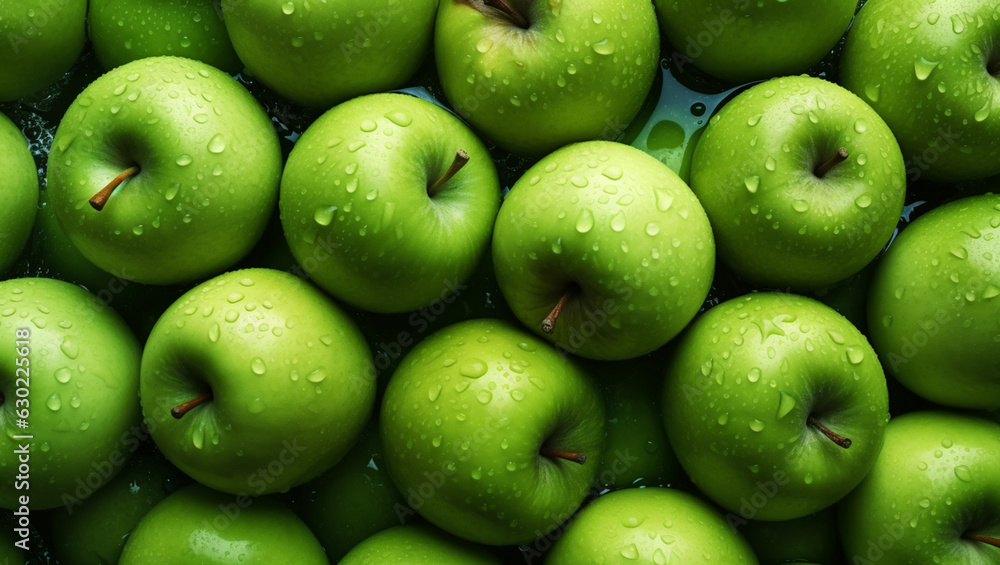 Top view of bright ripe fragrant green apples with water drops Top view of bright ripe fragrant green apples with water drops
