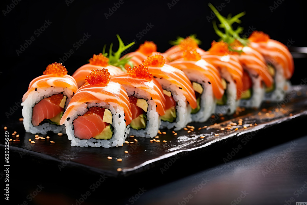 Delicious sushi rolls on black table Japanese food. Delicious sushi rolls on black table Japanese food.