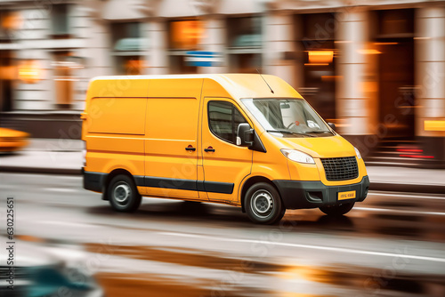 Cargo van with parcels driving in the city.