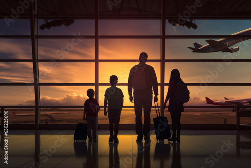 Family travel, showcasing silhouette figures of family members inside an airport terminal.