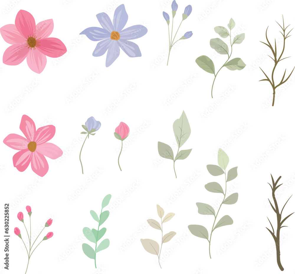 set of wild flower and leaf elements set of wild flower and leaf elements