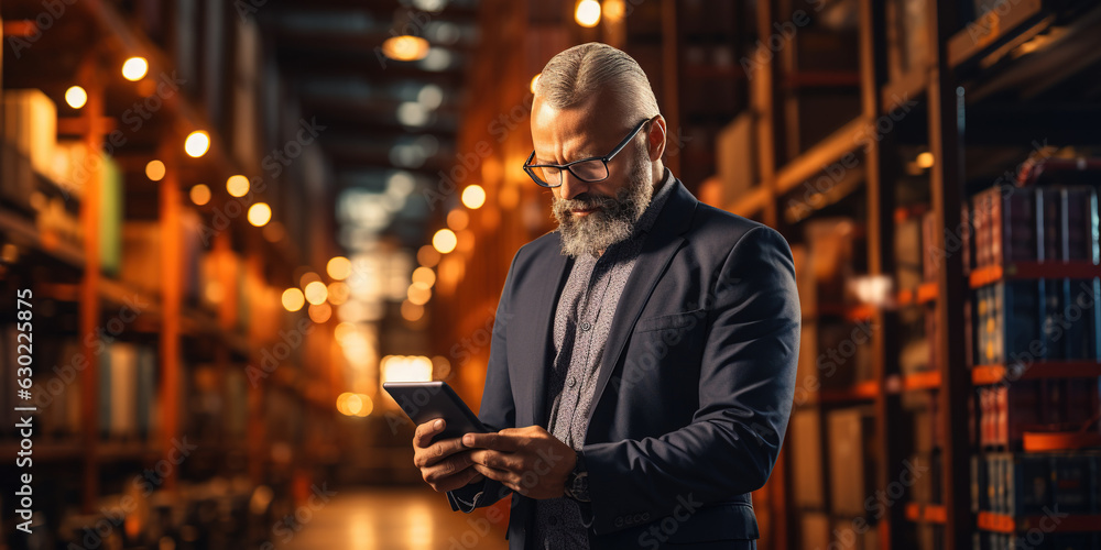 Businessman using tablet on logistic network distribution and smart transportation and networking intelligent logistics.