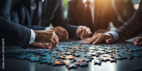 Businessman hold jigsaw puzzle pieces with teamwork icon.