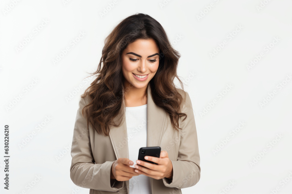 woman with phone on white background. woman with phone on white background.