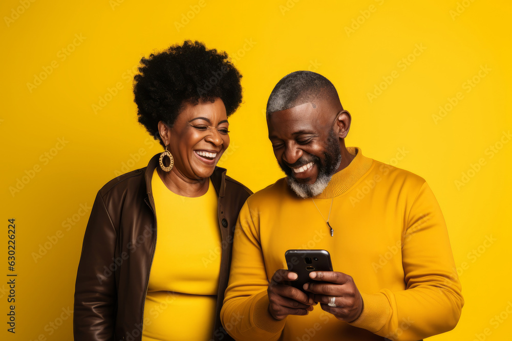attractive mature black woman and black man with phone on studio color background. attractive mature black woman and black man with phone on studio color background.