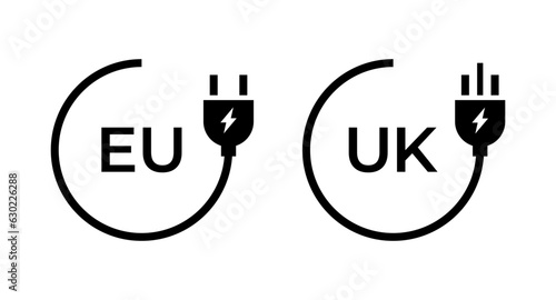 Electric plugs types vector icon set. Cable plugs uk, eu symbol