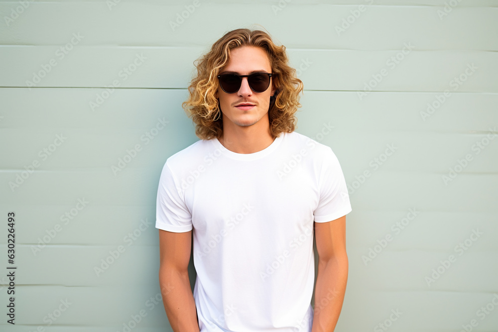 design mockup: young man with blond long hair with sun glasses wearing blank white t-shirt on a neutral background, studio shot - obrazy, fototapety, plakaty 
