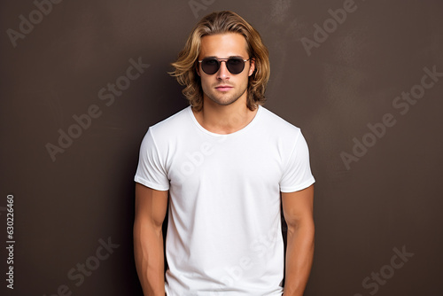 design mockup: young man with blond long hair with sun glasses wearing blank white t-shirt on a neutral background, studio shot