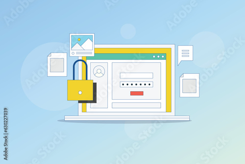 Online account security. User login dashboard. Data protected with password. Online document security. Vector illustration background.