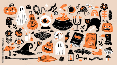 A mystical set for Halloween. Cute cartoon spooky characters. Hand drawn trendy vector illustration in folk style.