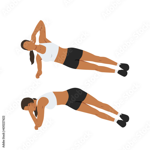 Woman doing side plank rotations or elbow twists exercise. Flat vector illustration isolated on white background