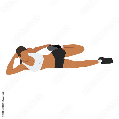 Woman doing side lying quad stretch exercise. Flat vector illustration isolated on white background