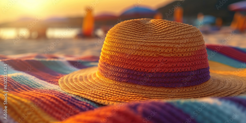Straw hat on a rainbow towel on the beach during the sunset made with Generative AI. 