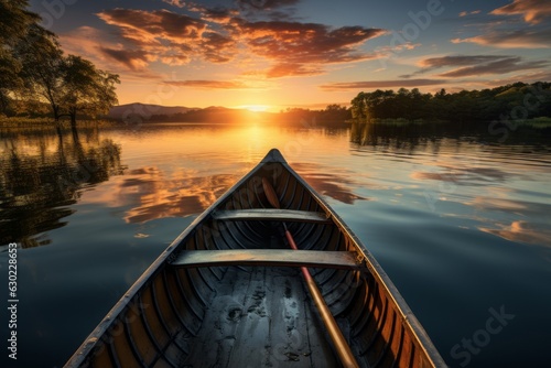 Boat Sailing On A Tranquil Lake At Sunset, Generative AI