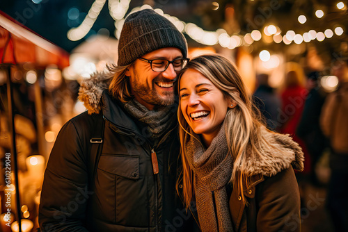 Happy couple strolling through a street fair at Christmas