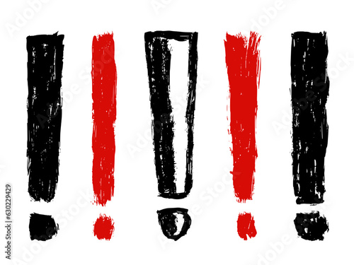 Set of black and red exclamation mark isolated on white background. Precautions symbol. Ink brush strokes.  Watercolor icon design. Vector illustration, eps 10.