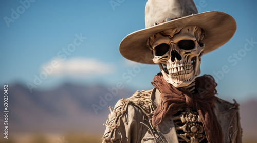 Leinwand Poster Skeleton cowboy with hat and desert background