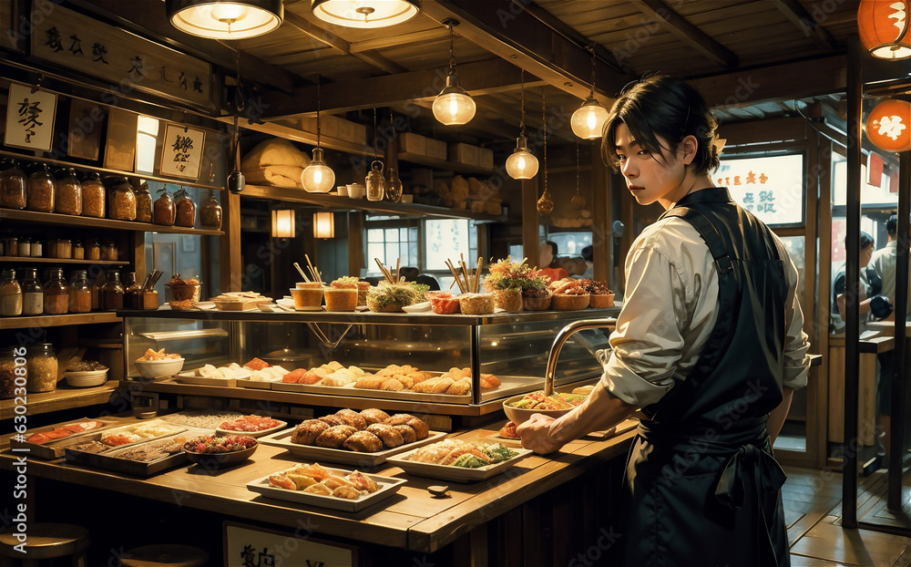 Handsome asian boy works in japanese street kitchen Handsome asian boy making street food in japan