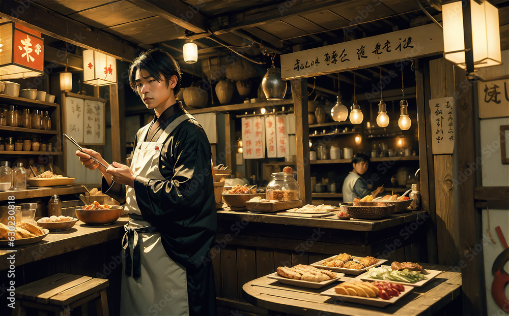 Handsome asian boy works in japanese street kitchen Handsome asian boy ...