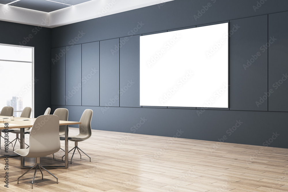 Modern meeting room interior with empty mock up banner on wall, furniture and window with city view. 3D Rendering. Modern meeting room interior with empty mock up banner on wall, furniture and window with city view. 3D Rendering.