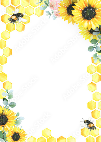 Watercolor floral honey bee border