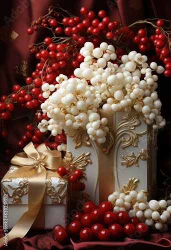 Festive centerpiece with Christmas decor, candle, and lighting for holiday celebration. photo