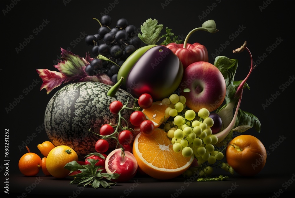 fresh fruits with fresh vegetables isolated black background. generative ai fresh fruits with fresh vegetables isolated black background. generative ai
