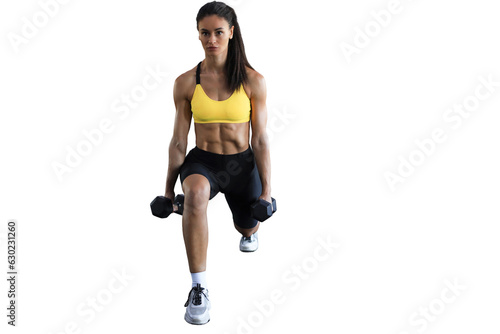 Fit and muscular woman exercising with dumbbells on a transparent background