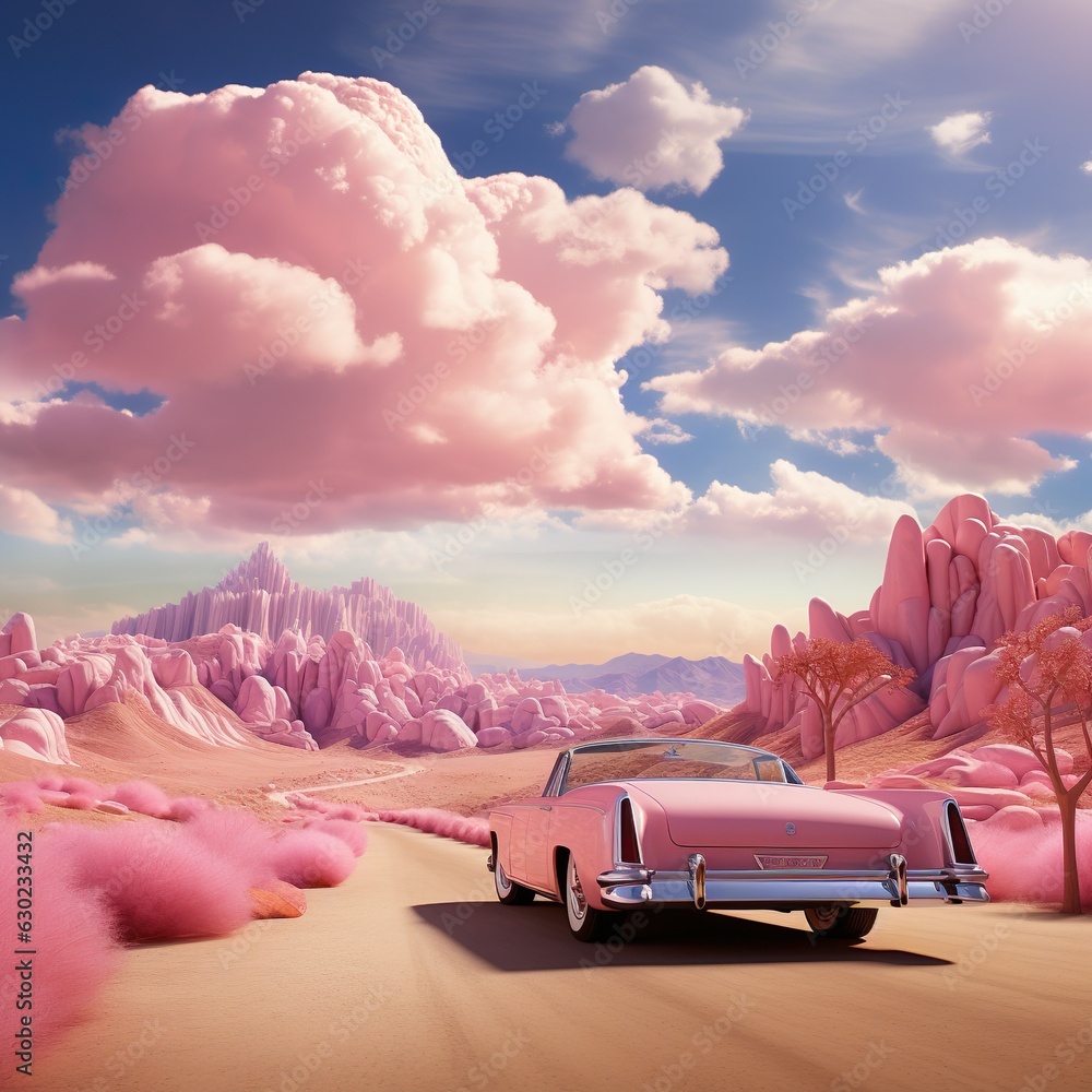 A fictional pink world, a pink retro convertible rides through the desert, among gentle fluffy bushes and sweet mountains. In the blue sky, gently pink clouds and sunny weather. - obrazy, fototapety, plakaty 