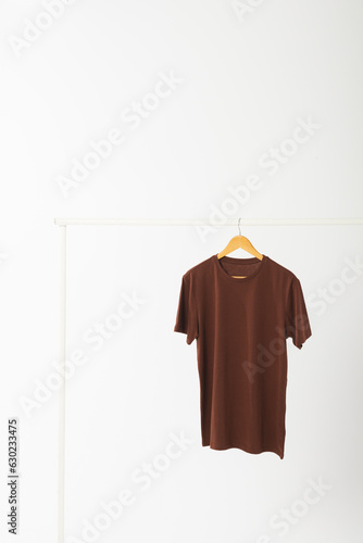 Brown t shirt on hanger hanging from clothes rail with copy space on white background