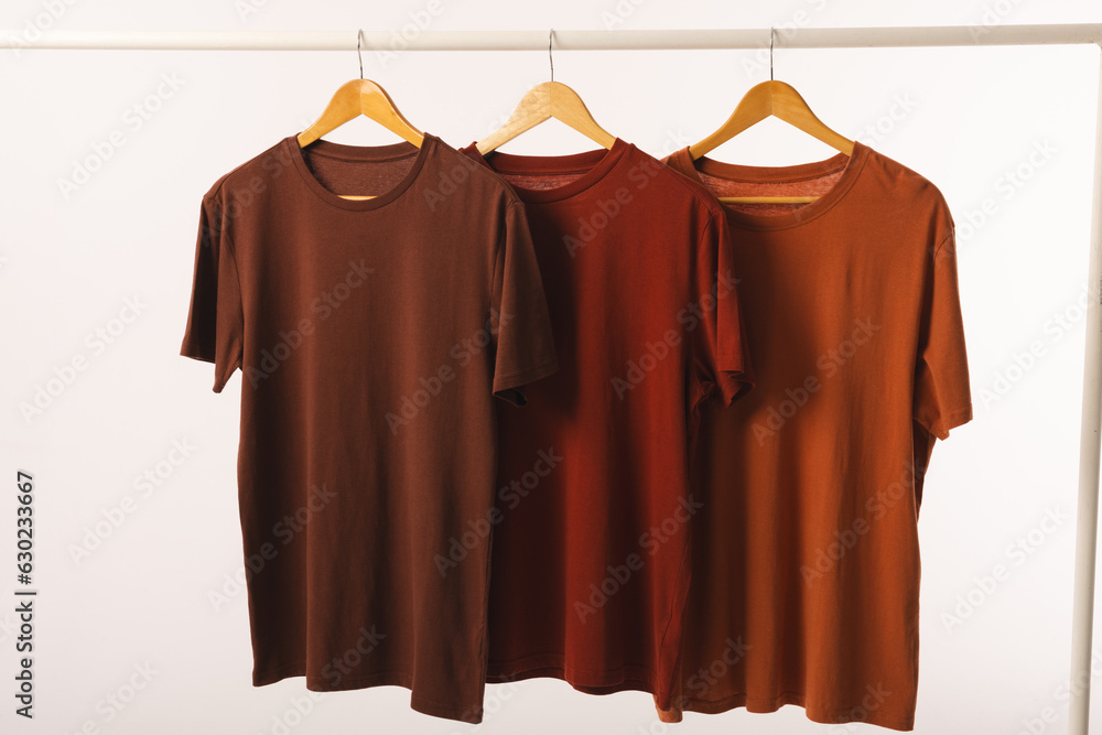 Naklejka premium Three brown t shirts on hangers hanging from clothes rail and copy space on white background